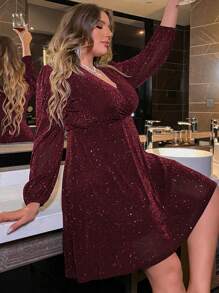 Allurite 加大灯笼袖闪光连衣裙