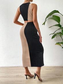 SHEIN Holidaya Two Tone Twist Front Cut Out Split Thigh Dress Maxi Vacation Beach Outfits Women - Multicolor - View 2