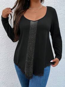 SHEIN LUNE Plus Contrast Lace Asymmetrical Hem Tee - Black - View 3
