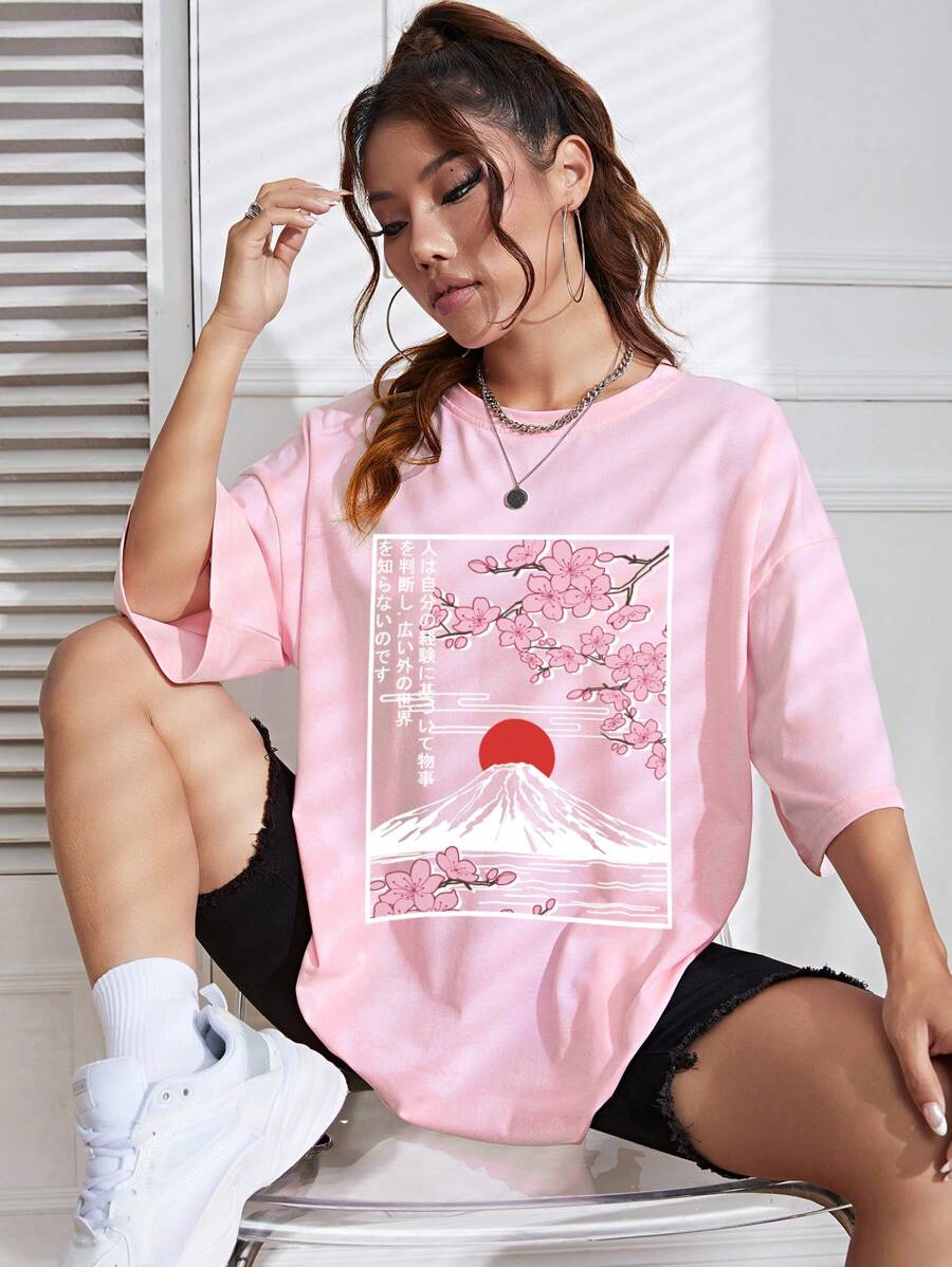 SHEIN EZwear Áo thun nữ Hoa Lá thư Giải trí - Màu Hồng baby - Xem 1