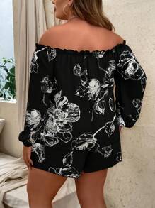 Calvaya 大碼印花一字肩燈籠袖上衣和短褲 - 黑色 - 查看 2