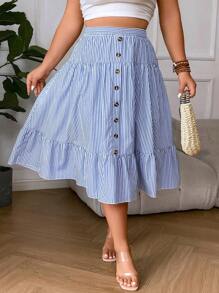 Flirla Plus Striped Print Ruffle Hem Button Front Skirt - Blue and White - View 1