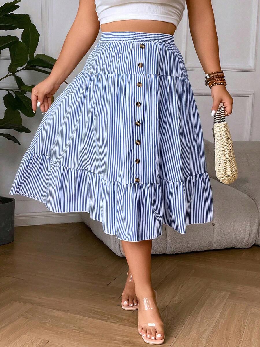 Flirla Plus Striped Print Ruffle Hem Button Front Skirt - Blue and White - View 1