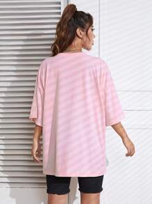 SHEIN EZwear Áo thun nữ Hoa Lá thư Giải trí - Màu Hồng baby - Xem 4