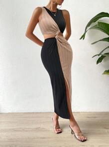 SHEIN Holidaya Two Tone Twist Front Cut Out Split Thigh Dress Maxi Vacation Beach Outfits Women - Multicolor - View 5