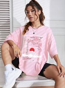 SHEIN EZwear Áo thun nữ Hoa Lá thư Giải trí - Màu Hồng baby - Xem 5