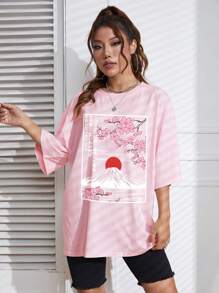 SHEIN EZwear Áo thun nữ Hoa Lá thư Giải trí - Màu Hồng baby - Xem 7