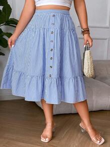 Flirla Plus Striped Print Ruffle Hem Button Front Skirt - Blue and White - View 6