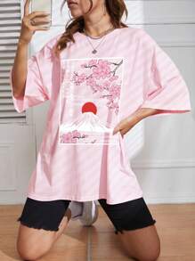 SHEIN EZwear Áo thun nữ Hoa Lá thư Giải trí - Màu Hồng baby - Xem 8