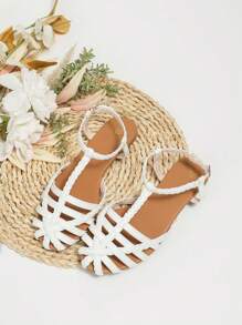 女士編織細節平底度假白色羅馬涼鞋適合夏天 - 白色 - 查看 4