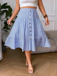 Flirla Plus Striped Print Ruffle Hem Button Front Skirt - Blue and White - View 7