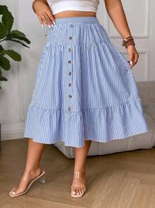 Flirla Plus Striped Print Ruffle Hem Button Front Skirt - Blue and White - View 8