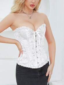 Scroll Jacquard Frill Trim Lace Up Back Overbust Corset - White - View 4