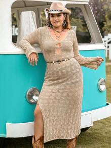 Rusttydustty 大碼鏤空高衩連衣裙不附腰帶 - 杏色 - 查看 1