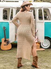 Rusttydustty 大碼鏤空高衩連衣裙不附腰帶 - 杏色 - 查看 2