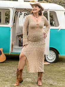 Rusttydustty 大碼鏤空高衩連衣裙不附腰帶 - 杏色 - 查看 3