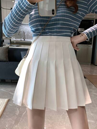 Solid High Waist Pleated Skirt