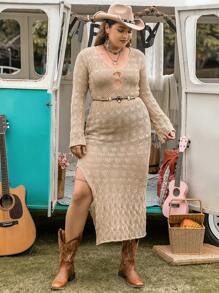 Rusttydustty 大碼鏤空高衩連衣裙不附腰帶 - 杏色 - 查看 5