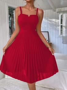 Chiquease V-wired Pleated Hem Cami Dress - Red - View 3