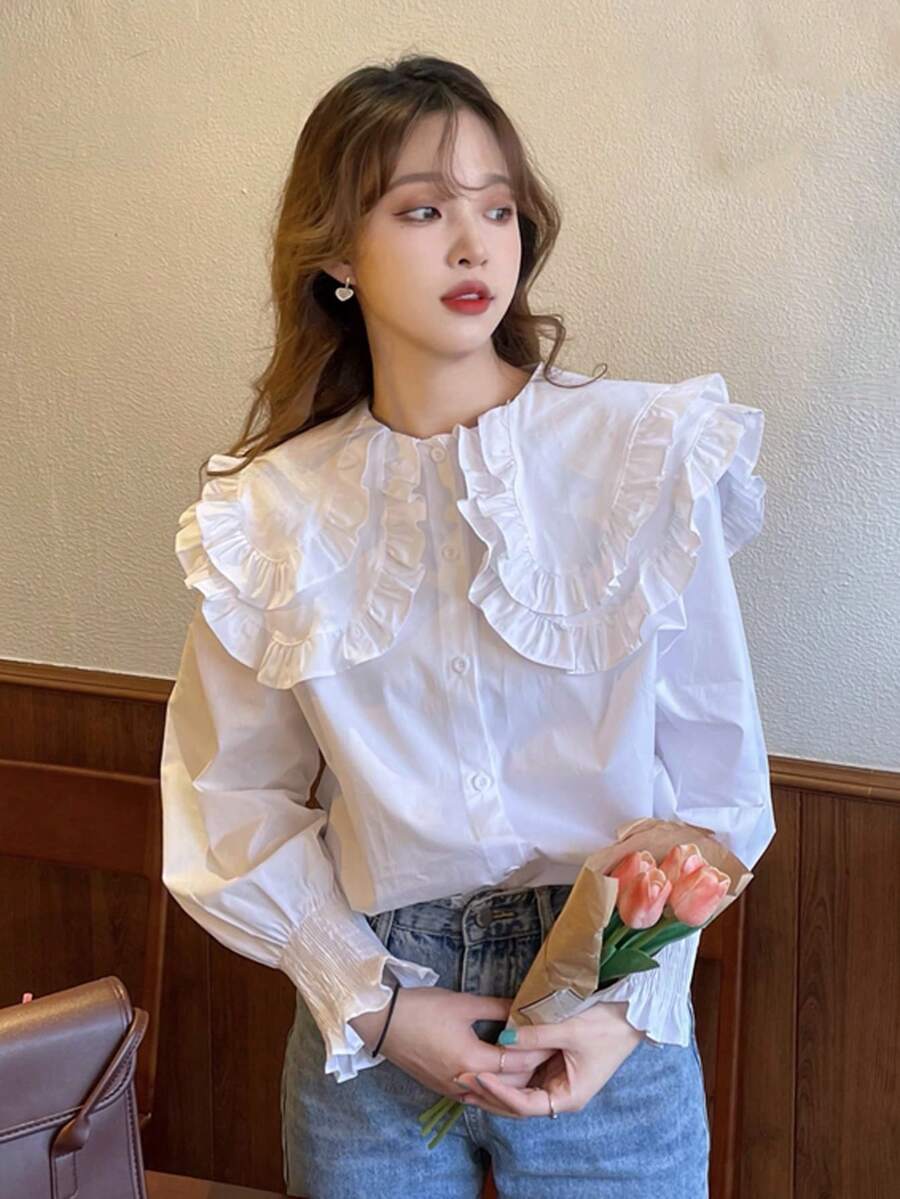 Button Front Statement Collar Puff Sleeve Blouse,Long Sleeve Tops