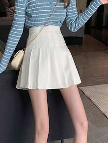 素色高腰百褶半身裙 - 白色 - 查看 3