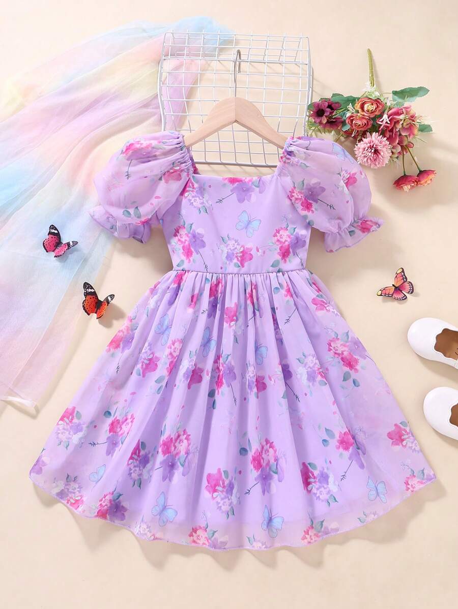 SHEIN Glamorique Kids 年輕女孩花卉印花泡泡袖連衣裙 - 紫色 - 查看 1