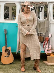 Rusttydustty 大碼鏤空高衩連衣裙不附腰帶 - 杏色 - 查看 7