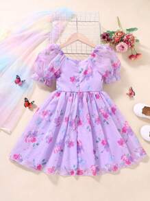 SHEIN Glamorique Kids 年輕女孩花卉印花泡泡袖連衣裙 - 紫色 - 查看 2