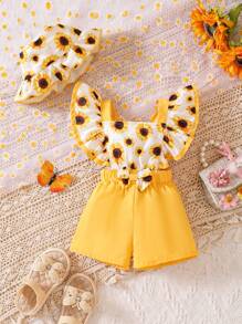 Bebé con estampado de girasol ribete con fruncido con lazo delantero Mono overol & Sombrero - Multicolor - Ver 1
