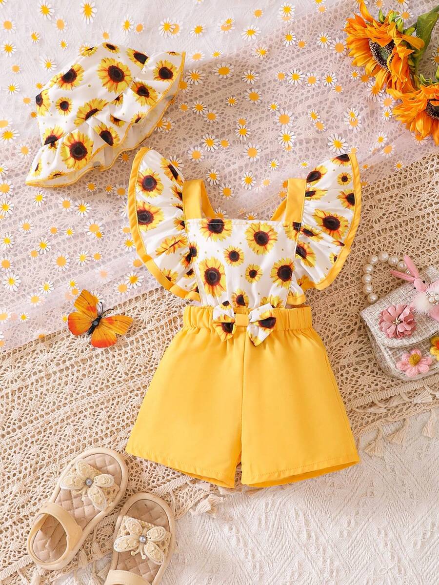 Bebé con estampado de girasol ribete con fruncido con lazo delantero Mono overol & Sombrero - Multicolor - Ver 1