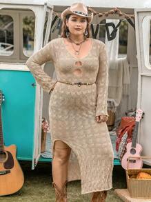 Rusttydustty 大碼鏤空高衩連衣裙不附腰帶 - 杏色 - 查看 8