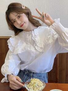 Button Front Statement Collar Puff Sleeve Blouse,Long Sleeve Tops