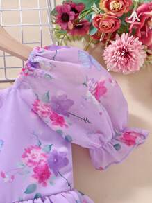 SHEIN Glamorique Kids 年輕女孩花卉印花泡泡袖連衣裙 - 紫色 - 查看 3