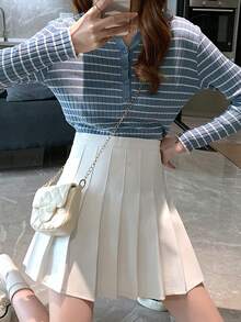 素色高腰百褶半身裙 - 白色 - 查看 5