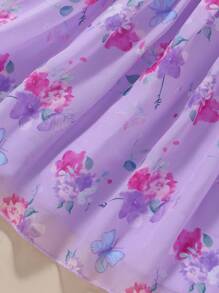 SHEIN Glamorique Kids 年輕女孩花卉印花泡泡袖連衣裙 - 紫色 - 查看 4
