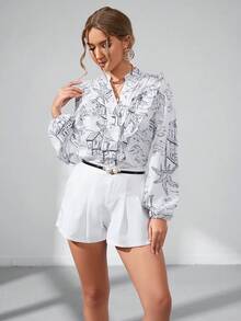 SHEIN Privé 滿版印花燈籠袖襯衫 - 白色 - 查看 2
