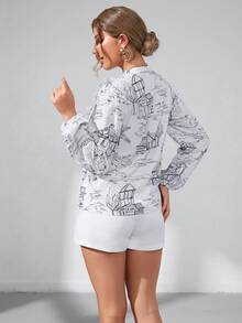 SHEIN Privé 滿版印花燈籠袖襯衫 - 白色 - 查看 3