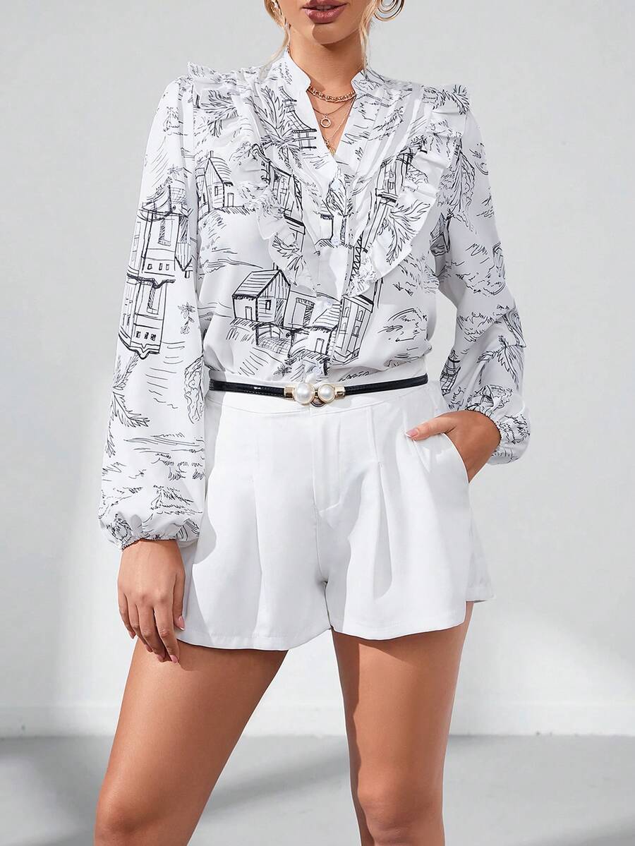 SHEIN Privé 滿版印花燈籠袖襯衫 - 白色 - 查看 1