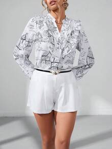 SHEIN Privé 滿版印花燈籠袖襯衫 - 白色 - 查看 4