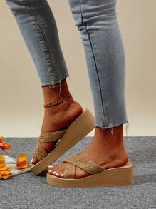 Women Braided Detail Wedge Slide Sandals, Vacation Summer Sandals - Khaki - View 3