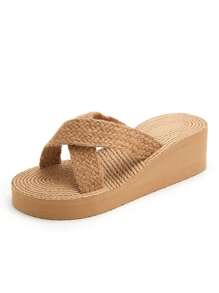 Women Braided Detail Wedge Slide Sandals, Vacation Summer Sandals - Khaki - View 4