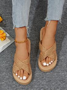 Women Braided Detail Wedge Slide Sandals, Vacation Summer Sandals - Khaki - View 5