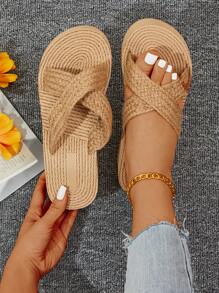 Women Braided Detail Wedge Slide Sandals, Vacation Summer Sandals - Khaki - View 6