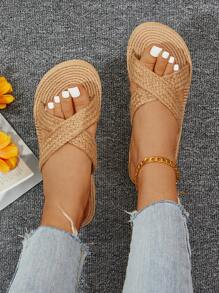 Women Braided Detail Wedge Slide Sandals, Vacation Summer Sandals - Khaki - View 7