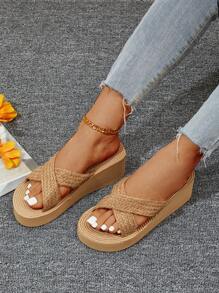 Women Braided Detail Wedge Slide Sandals, Vacation Summer Sandals - Khaki - View 8