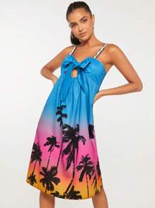 SHEINNeu 熱帶圖案前打結吊帶洋裝 - 彩色 - 查看 3