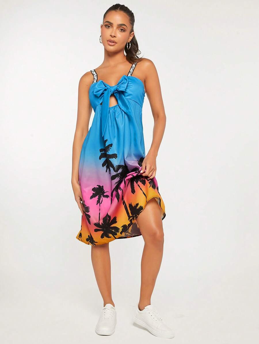 SHEINNeu 熱帶圖案前打結吊帶洋裝 - 彩色 - 查看 1