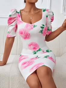 SHEIN Privé Floral Print Puff Sleeve Bodycon Dress - White - View 3