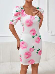 SHEIN Privé Floral Print Puff Sleeve Bodycon Dress - White - View 4