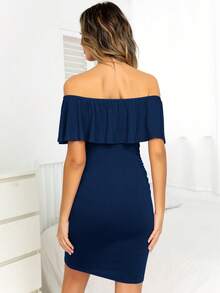 DEARCASE Maternity Off Shoulder Ruffle Trim Bodycon Dress - Navy Blue - View 2